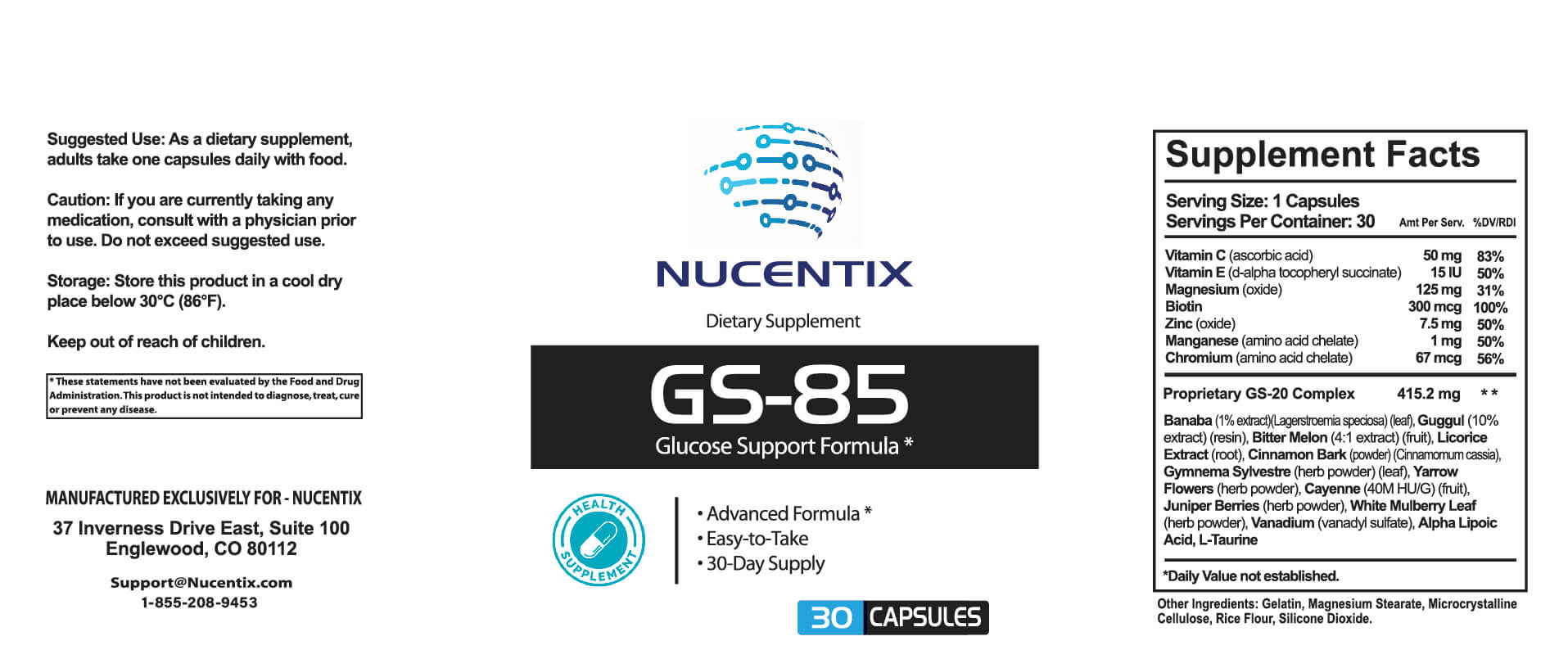 Nucentix GS-85 Ingredients Label