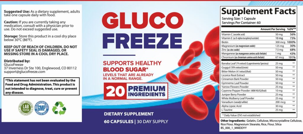 GlucoFreeze Ingredients Label