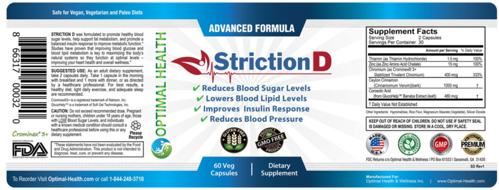 StrictionD Blood Sugar Ingredients Label