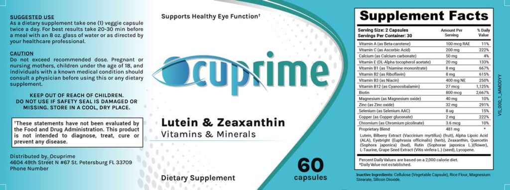 OcuPrime Ingredients Label