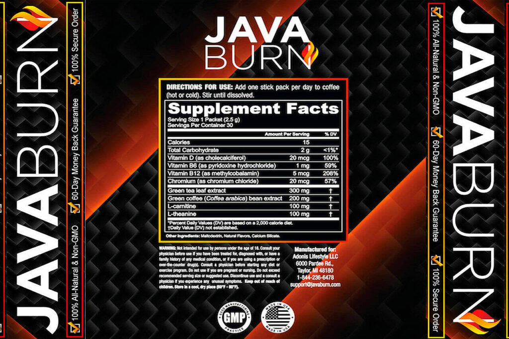 java burn ingredients label